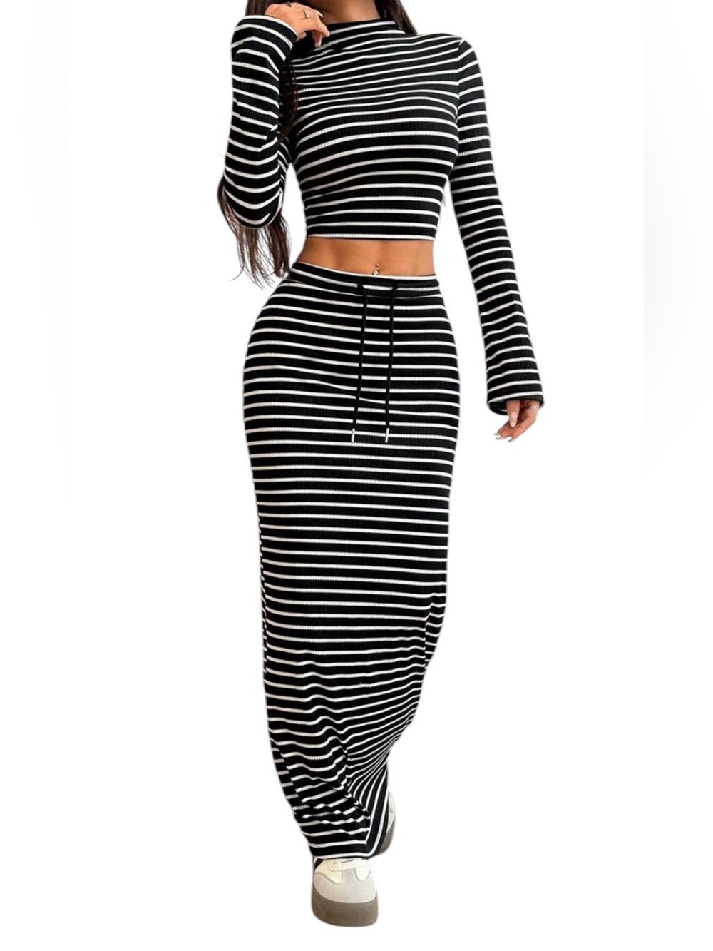 Striped Black & White Maxi Skirt Set- Sleek Everyday Style